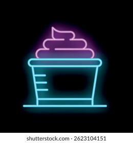 Neon sign illustrating a paper cup with whipped cream glowing on a dark background