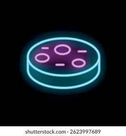 Neon sign illustrating a petri dish with bacteria growing in it, on a black background