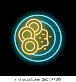 Neon sign illustrating potatoes and gravy on a plate, glowing on a dark background