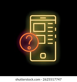 Sinal de néon ilustrando um ponto de interrogação que aparece de uma tela de smartphone sobre um fundo escuro
