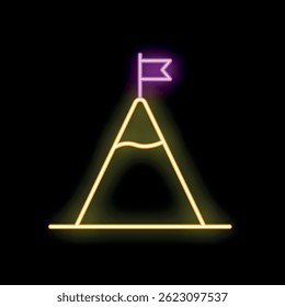 Neon sign illustrating reaching goal with flag on mountain peak, symbolizing success and achievement
