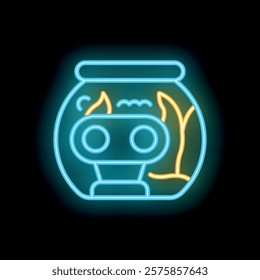 Neon sign illustrating a robot head in an aquarium with algae and fire inside, a funny illustration on black background