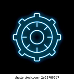Neon sign illustrating a ship steering wheel glowing blue against a dark background