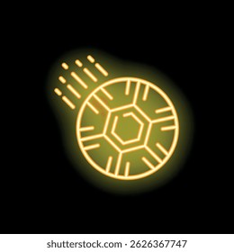 Neon sign illustrating a soccer ball moving fast like a comet, with a bright yellow color on black background