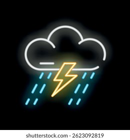 Neon sign illustrating a storm cloud producing a lightning strike and heavy rain on a black background