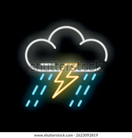 Neon sign illustrating a storm cloud producing a lightning strike and heavy rain on a black background