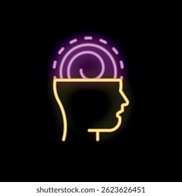 Neon sign illustrating thinking process with glowing spiral inside human head, suitable for topics such as idea generation, brainstorming, creativity