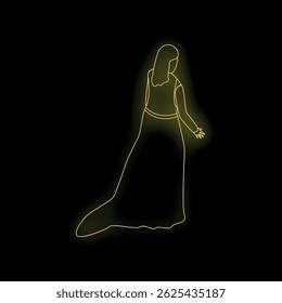 Neon sign illustration of an elegant woman in a long dress walking away, seen from behind, with a long flowing train