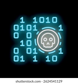 Neon sign illustration featuring a skull surrounded by binary code, representing the dangers of cyber threats