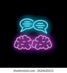 Neon sign illustration representing the concept of communication with two brains exchanging ideas through speech bubbles