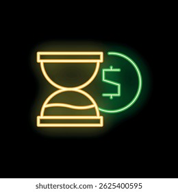 Neon sign illustration representing an hourglass measuring time passing with a dollar sign showing money value