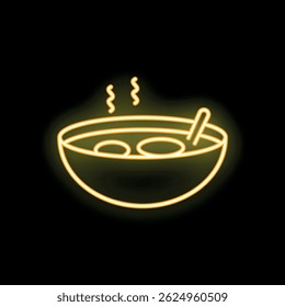 Neon sign illustration of a steaming hot bowl of soup with a spoon