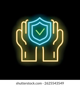 Neon sign illustration of two hands holding a shield with a checkmark inside, evoking the concept of protection