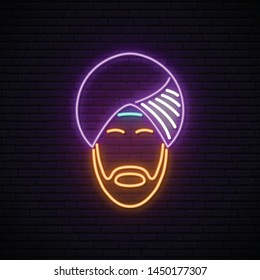 Neon sign of Indian man in national headdress. Light signboard. Vector illustration.