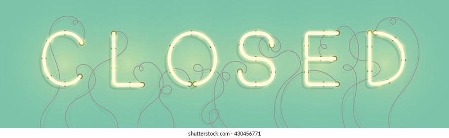 Neon sign with the inscription closed vector illustration. Glowing neon tube font.