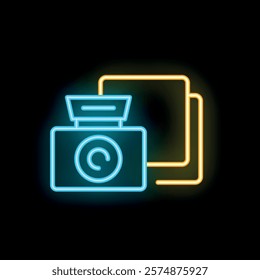 Neon sign of an instant camera taking pictures with flash firing