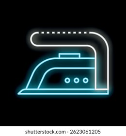 Neon sign of an iron for laundry glowing on a black background