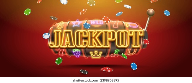 Neon sign Jackpot with slot machine and falling chips. Vector illustration.