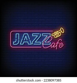 neon sign jazz cafe with brick wall background vector illustration