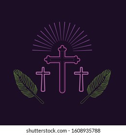 Neon sign of Jesus Christ crucifixion, isolated in purple background with leaves