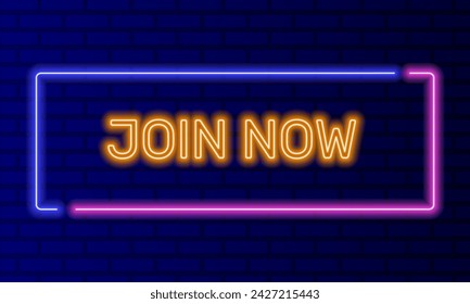 Neon sign join now in speech bubble frame on brick wall background vector. Light banner on the wall background. Join now button online registration, design template, night neon signboard