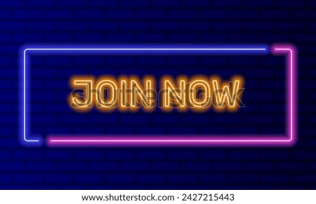 Neon sign join now in speech bubble frame on brick wall background vector. Light banner on the wall background. Join now button online registration, design template, night neon signboard