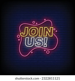 Neon Sign join us with brick wall background vector