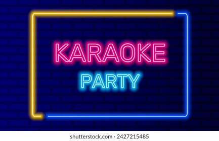 Neon sign karaoke party in speech bubble frame on brick wall background vector. Light banner on wall background. Karaoke party button weekend getaway, design template, neon signboard