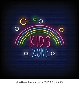 Neon Sign kids zone with brick wall background vector