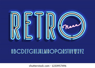 Neon sign lamp font design, alphabet, character set, typeface, typography, Electricity light retro letters. Vector illustration