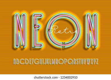 Neon sign lamp font design, alphabet, character set, typeface, typography, Electricity light retro letters. Vector illustration