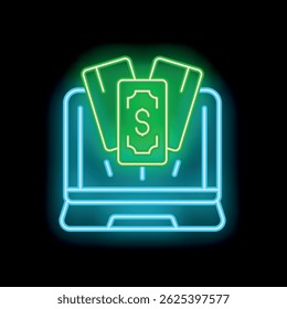 Neon sign of a laptop with credit cards and money coming out of the screen, representing online payment and earning