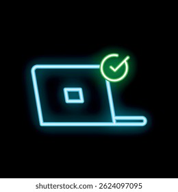 Neon sign of a laptop with a green check mark on the top right corner