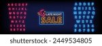 Neon Sign late night sale on brick wall background with the alphabet