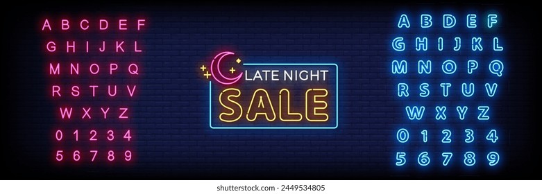 Neon Sign late night sale on brick wall background with the alphabet