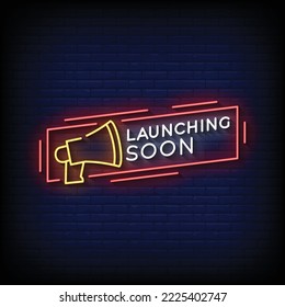 Neon Sign launching soon with brick wall background vector