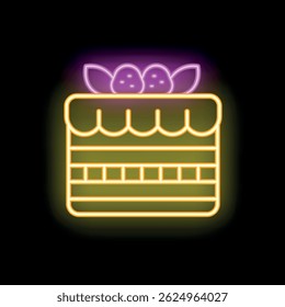 Neon sign of a layered cake with strawberries on top, glowing on a dark background