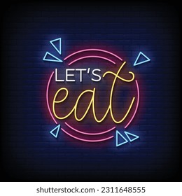 Neon Sign let's eat with brick wall background vector