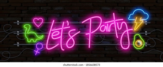 Neon sign Lets party, lettering on dark background vector illustration. Logo design template. Light banner, glowing neon signboard for advertising.