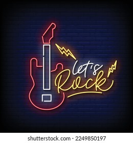 neon sign lets rock with brick wall background vector illustration