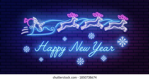 Neon sign lettering Happy New Year with santa claus and reindeer team and snowflakes on brick wall background. Glowing inscription banner, vector illustration