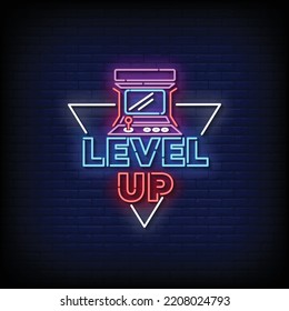 Neon Sign level up with Brick Wall Background vector