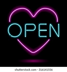 Neon sign light glow open heart vector illustration.