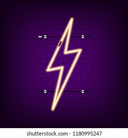 Neon sign of lightning. Glowing light neon lightning signboard. Vector illustration.