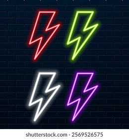 Neon sign of lightning glowing on black background. Fluorescent stylish signboard. Decorative illuminated element. Bright shiny retro signboard. Outline vector illustration.