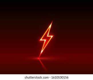 Neon sign of lightning signboard on the red background. Vector illustration