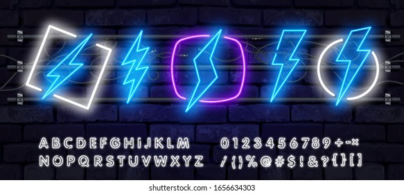 Neon sign of lightning signboard on the blue background. Vector illustration. Vector realistic isolated neon sign of energy for decoration and covering on the wall background. Concept of lightning and