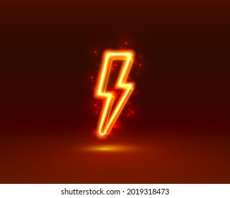 Neon sign of lightning signboard on the red background. Vector illustration