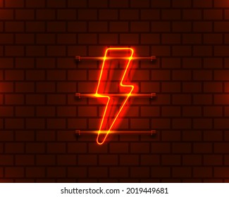 Neon sign of lightning signboard on the red background. Vector illustration