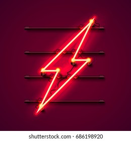 Neon sign of lightning signboard on the red background. Vector illustration